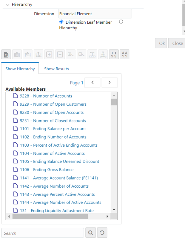 The Hierarchy Browser defaults to a list of leaves for the dimension you have chosen (the radio button selector near the top of the browser window defaults to Dimension Leaf Member). You may scroll up and down to find the leaf member you want or you may search for the member's name (short description) using the binoculars icon on the browser window.