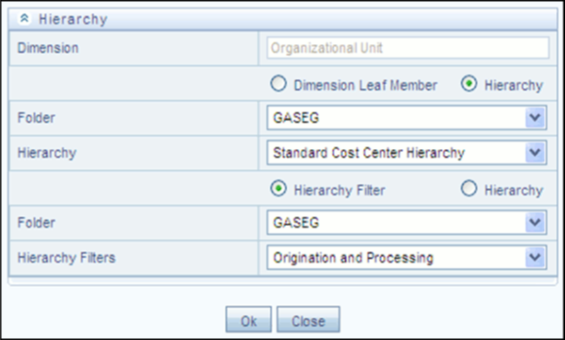 After your chosen hierarchy is displayed within the browser window, navigate to the hierarchy until you find the rollup point or leaf value you want. Select value and click OK