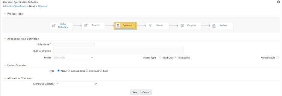 The Operator process tab allows you to specify how Source data and Driver data interacts to create results.