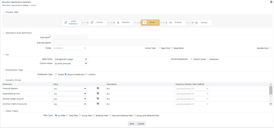 The Leaf Driver pane is only displayed for the Leaf allocation type. Use this pane to specify the dimension and leaf value you wish to use.