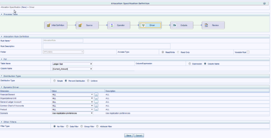 The Distribution Type pane is only displayed for the Dynamic Driver allocation type. Use this pane to select the Simple, Percent Distribution, or Uniform Distribution method.