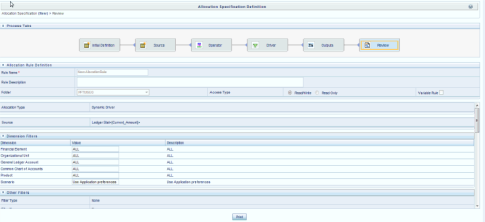The Review process tab displays a single-page, printable report of an Allocation rule's specification.