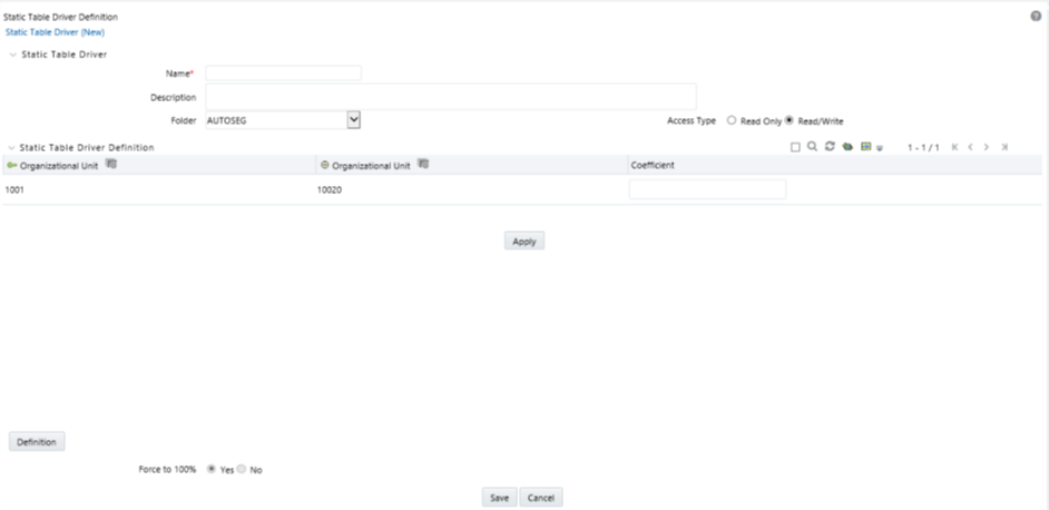 In this screen, you define the coefficient values to the Static Table Driver Rule that you are creating. Navigate to the Coefficient tab to assign coefficients to combinations of Key leaf (or node) values and Target leaf values. 