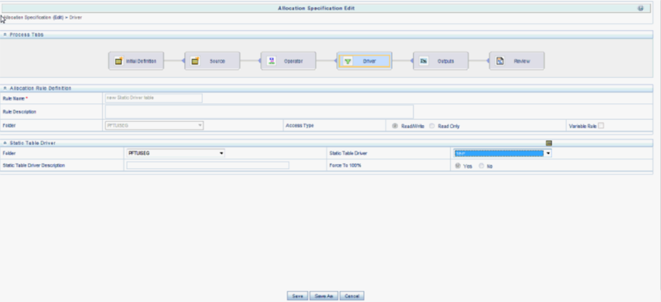 This tab allows you to construct a static table driver rule that uses an Organizational Unit Key Leaf and a Product Target Leaf. Select the Mortgage Origination and Statement Processing rollup points from your organizational hierarchy for your Key Leaf values. Select the three mortgage products plus the Checking, Savings, and Time Deposits products as your Target Leaf values. Finally, enable the appropriate combinations of Key Leaf and Target Leaf and enter your coefficient values.