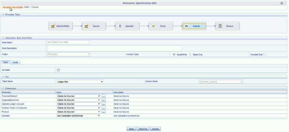 In your allocation Output Debit, specify < Same as Table > for the Organizational Unit dimension and specify < Same as Source > for every other dimension.