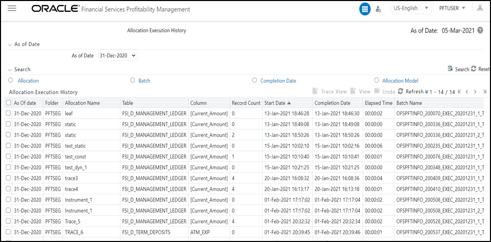 Description of Allocation Execution History Summary page follows The Allocation Execution History Summary screen presents a table that lists a series of allocation runs sorted by As-of-Date and by Completion Date. You may sort on any column you choose by clicking on a column title, but the results are sorted first by As-of-Date and second by the column, you have chosen.