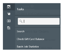 Tasks menu illustration with Search, Check Gift Card Balance, and Batch Job Statistics