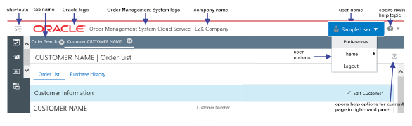 annotated illustration of the components of the header