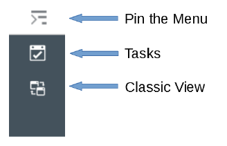 illustrates the Pin the Menu, Tasks, and Classic View options available in the left-hand navigation panel