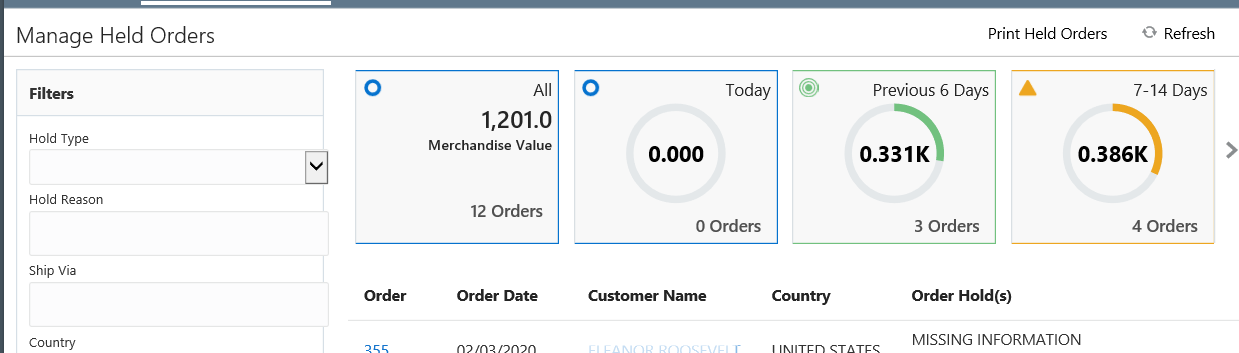 illustrates Manage Held Orders page