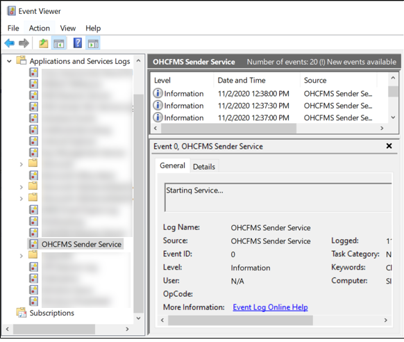 This figure shows the Event Viewer for Sender Service