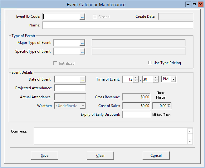 This figure displays the Event Calendar Maintenance window.