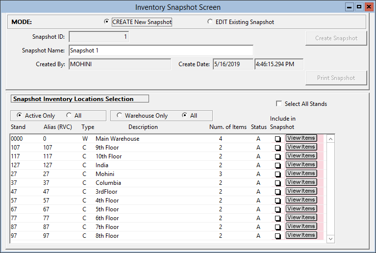 This figure displays the CREATE New Snapshot mode of the Inventory Snapshot Screen window