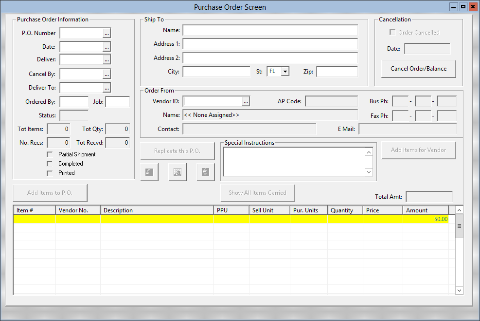 This figure displays the Purchase Order Screen window.