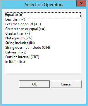 This figure displays the Selection Operators window of the Selection Tab of the Ad Hoc Reporting module.