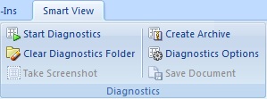 図は、Smart Viewリボンで使用可能なコマンドの診断グループを示しています。 デフォルトで利用可能なコマンドは、診断の開始、診断フォルダの消去、アーカイブの作成、および診断オプションです。 「スクリーンショットの取得」コマンドは、診断が開始されるまで無効になります。 