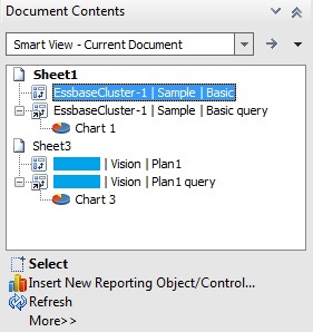 「ドキュメント・コンテンツ」ペインで、Essbaseアド・ホック・グリッドが選択されます。 選択可能なアクションは、「選択」、「新規レポート・オブジェクト/コントロールの挿入」、「リフレッシュ」、「接続の変更」および「削除」です。 