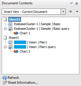 「ドキュメント・コンテンツ」ペインで、アド・ホック・グリッドを含むExcelシート、およびシート・ノードが選択されたグラフ。