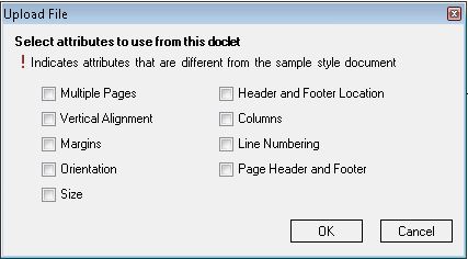 「アップロード・ファイル」ダイアログ・ボックス。ドックレット属性を選択してサンプル・スタイル文書の属性を上書きします