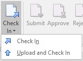 Performance Reportingリボンのチェックイン・ボタンには、チェックインとアップロードとチェックインの2つのオプションがあるドロップダウン・メニューがあります。