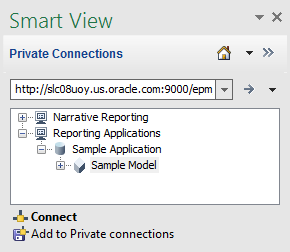 Narrative Reportingに最初に接続した際のSmart Viewパネルには、デフォルトのノードであるNarrative Reportingおよびレポート・アプリケーションが表示されます。レポート・アプリケーションの下にはサンプル・アプリケーション・ノードがあり、サンプル・モデルがあります