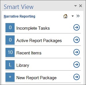 Narrative Reportingホームを表示し、ユーザーの注意を必要とするアイテム、最近アクセスしたアイテムへのアクセス、Smart ViewパネルのNarrative Reportingライブラリ・ノード、および「新しいレポート・パッケージ」ダイアログへのショートカットを提供