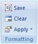 プロバイダ・リボンの書式設定グループ・オプション。 オプションは保存、クリア、適用です。 
