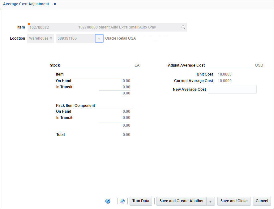 Average Cost Adjustment window