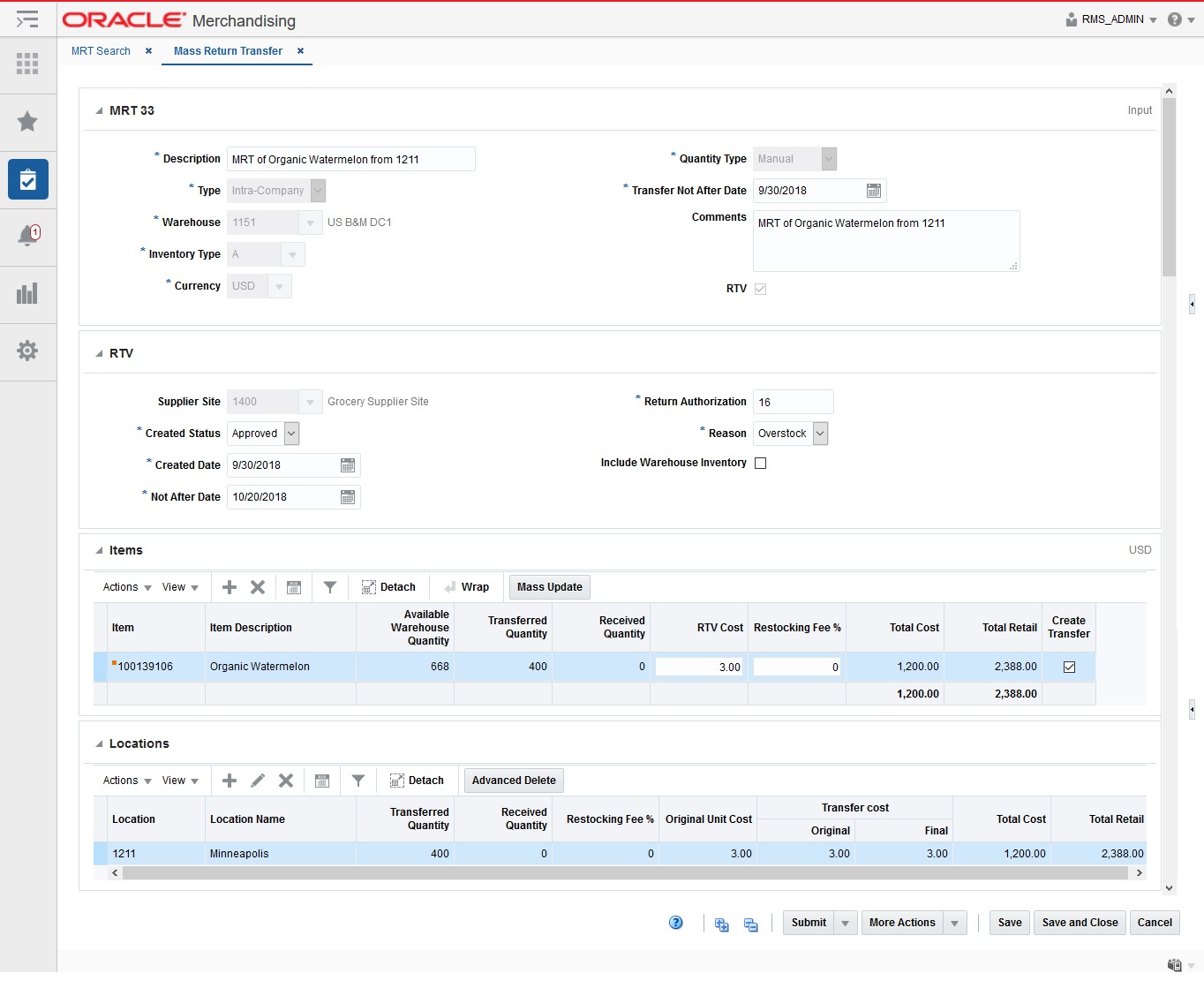 Mass Return Transfer Page