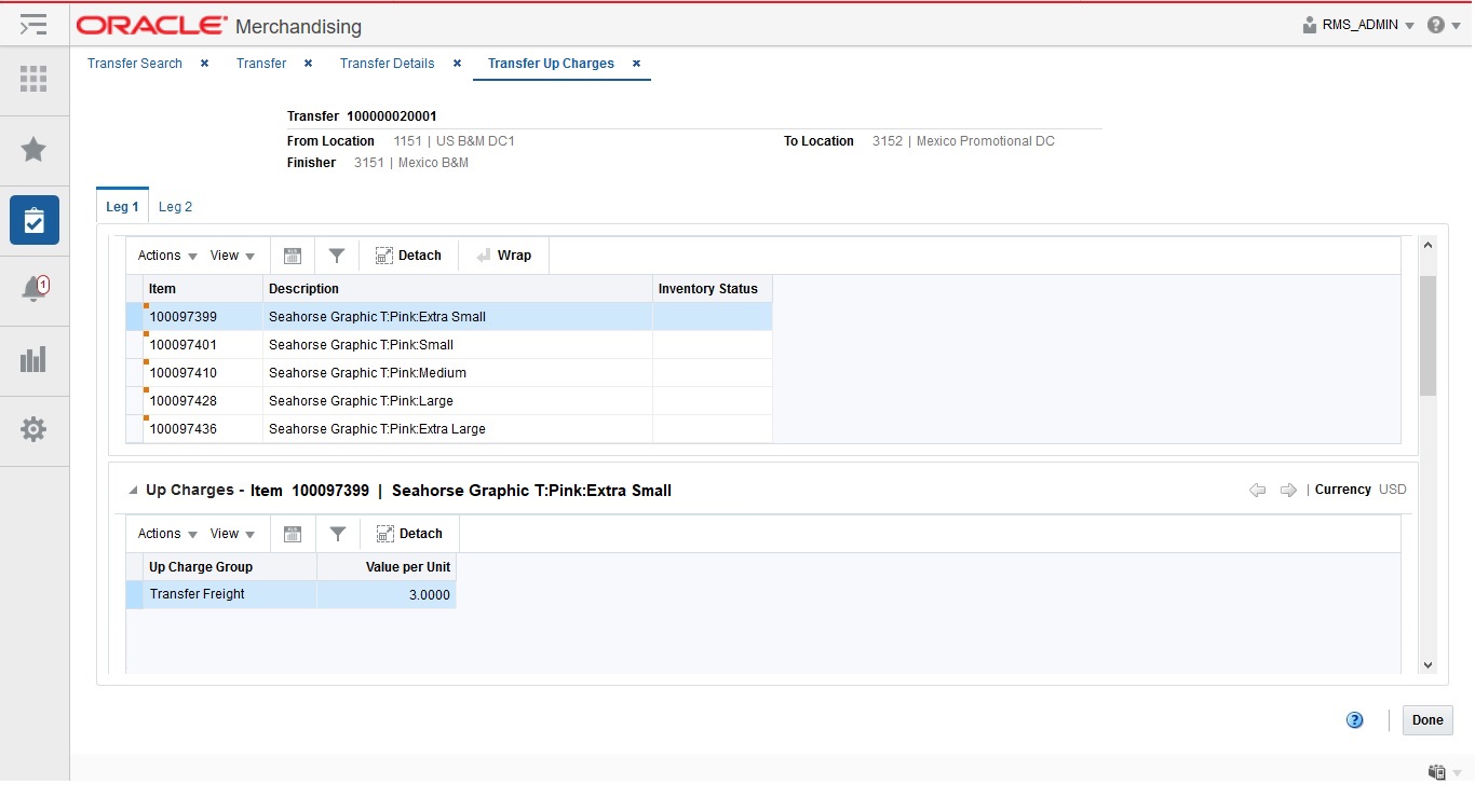 Transfer Up Charges Page