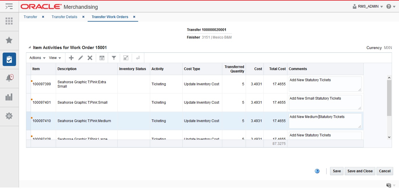 Transfer Work Orders Page