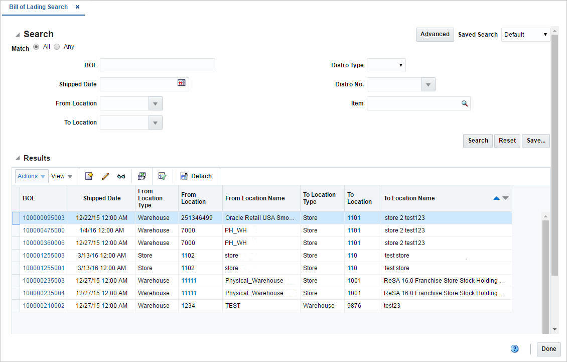 Bill of Lading Search window