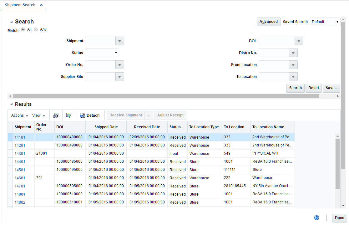 Shipment Search window