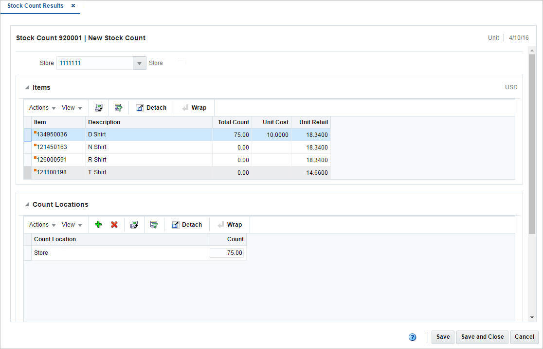 Stock Count Results window