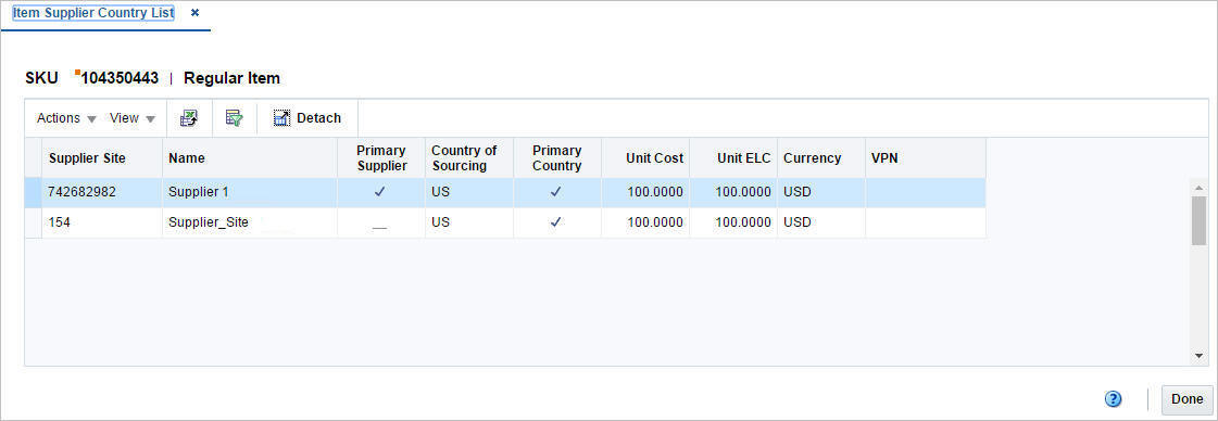 Item Supplier Country List window