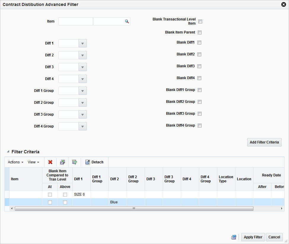Contract Distribution Advanced Filter window