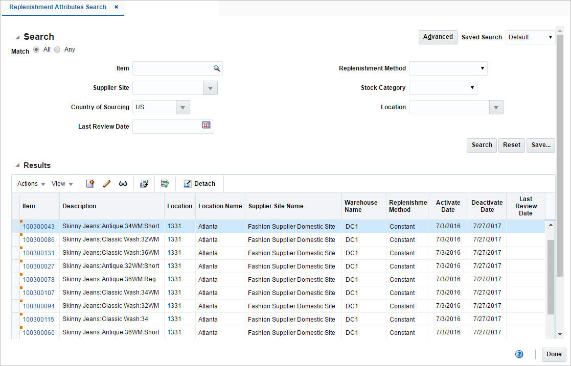 Replenishment Attributes Search window