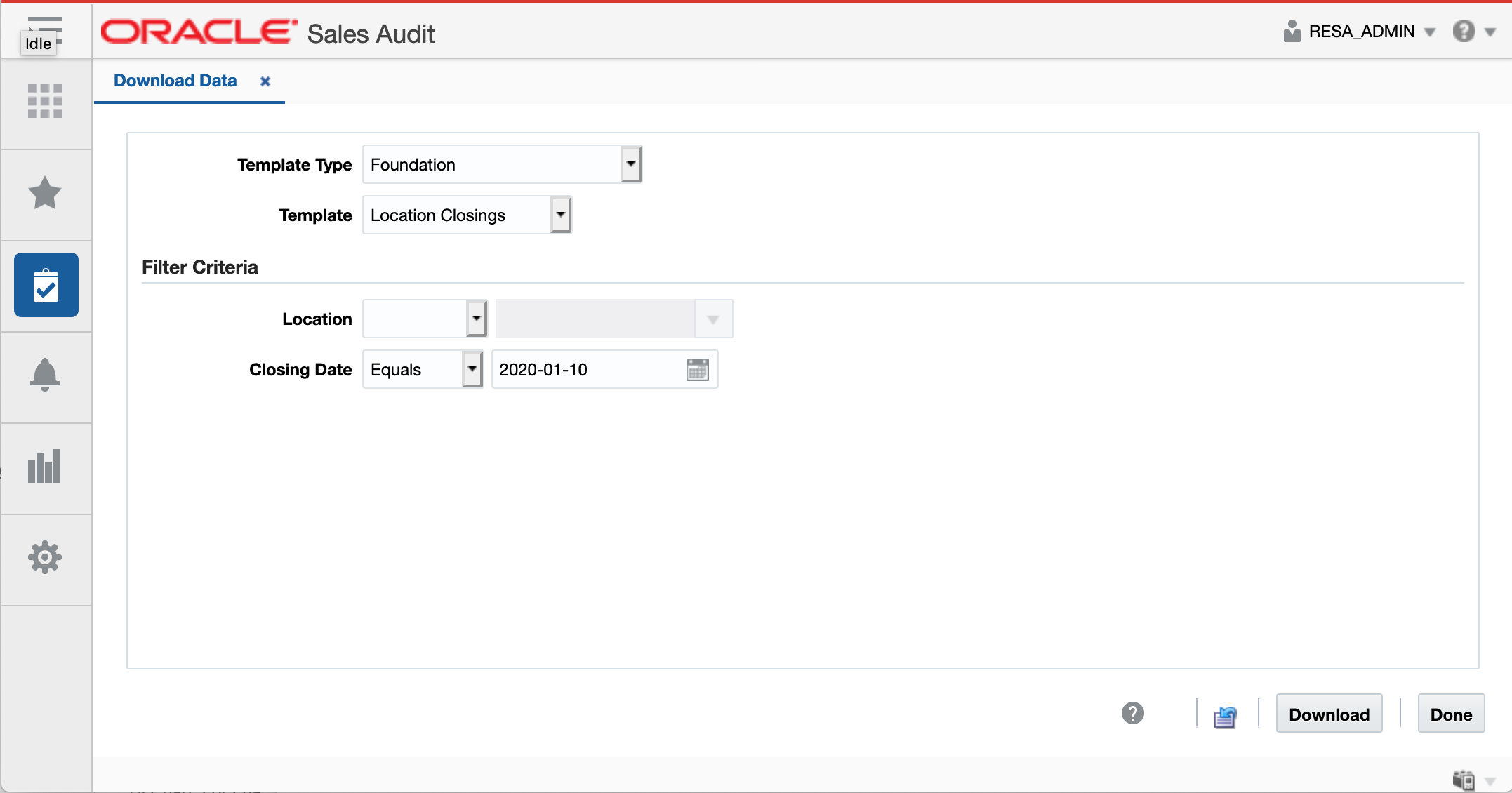 Download Data Window for a Template Download from Sales Audit