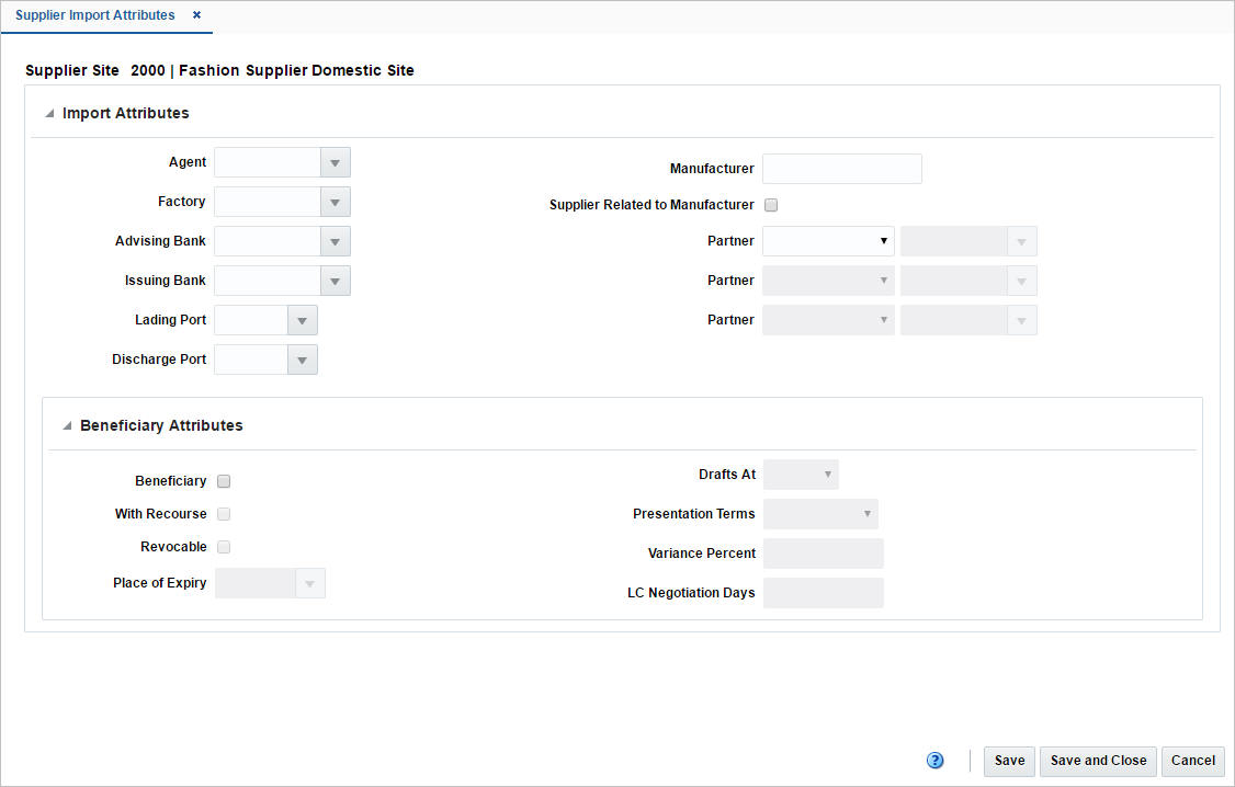 Supplier Import Attributes window