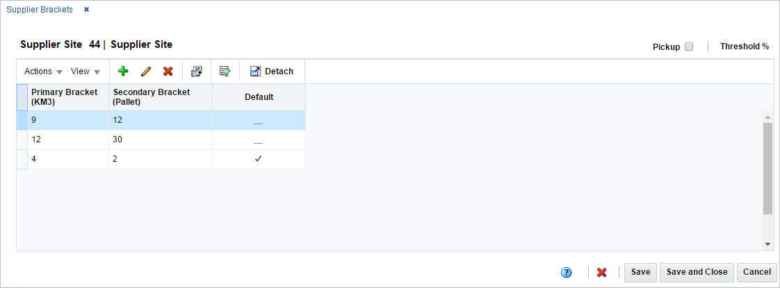 Supplier Brackets window