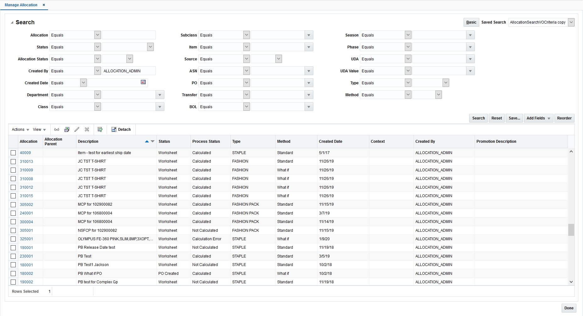 Manage Allocations Window with Advanced Search Options