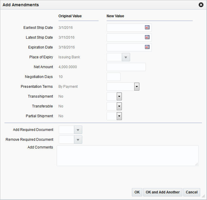 Add Amendments window