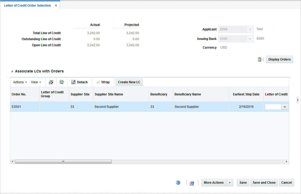 Letter of Credit Order Selection window