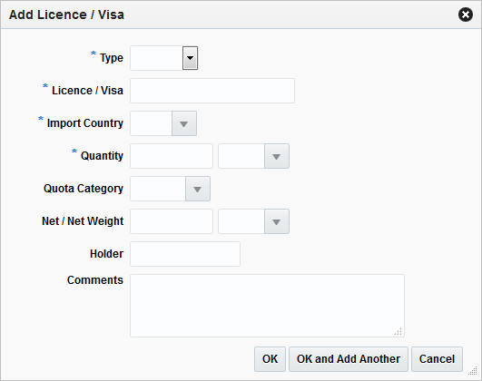 Add Licence/Visa window