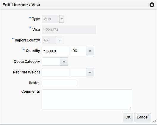 Edit Licence/Visa window