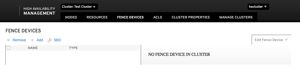 この図は「Fence Devices」ページの一部を示しており、ここには、フェンシング構成を追加または削除したり、SBDフェンシングを指定するオプションが含まれています。既存のフェンス構成が、対応する情報とともにページにリストされます。