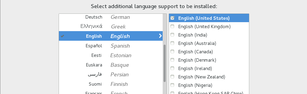 この部分的な図では、言語サポート画面内の使用可能なオプションが示されています。左側に使用可能な言語のリストがあり、右側に現在選択されている言語のロケールのリストがあります。