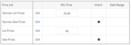 The Price Lists tab displays prices and identifies if the product is using inherited prices, volume pricing or time-based pricing. No price is displayed in the table when the price is either time-based or a volume price, or if there are multiple prices for the product. If the price is inherited, but not a time-based price, the price will be displayed in the table, but cannot be edited. This illustration is described in the surrounding text.