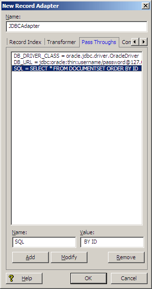 Example of a record adapter with JDBC passthrough information.