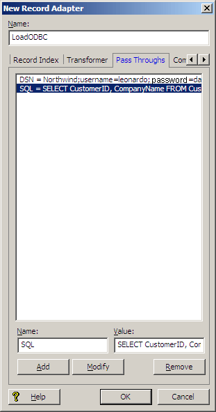 Example of a record adapter with ODBC passthrough information.